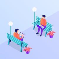 people working outdoor in park use laptop in bench with isometric style vector