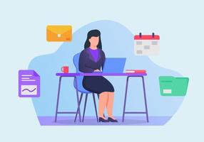 business woman work on laptop on office desk concept with icons related vector