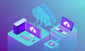 cloud storage upload and store data digital with computer server and database with isometric flat style