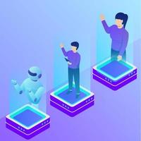 people and robot hologram concept with various position with isometric style vector