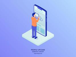 man upload image file to social media sharing with isometric style vector