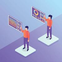 data presentation with graph and chart with man and woman access digital futuristic data for modern isometric style vector