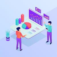 business presentation concept with man and woman analysis data graph and chart with isometric style vector