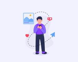 man sharing content in social media with some related icons with flat style vector
