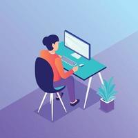 woman work with computer sit on chair with modern isometric style vector