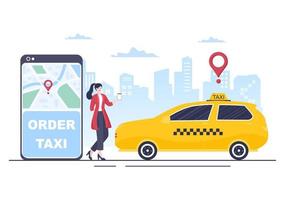 servicio de viaje de reserva de taxi en línea ilustración de diseño plano a través de la aplicación móvil en el teléfono inteligente llevar a alguien a un destino adecuado para el fondo, póster o pancarta vector