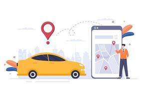 servicio de viaje de reserva de taxi en línea ilustración de diseño plano a través de la aplicación móvil en el teléfono inteligente llevar a alguien a un destino adecuado para el fondo, póster o pancarta vector