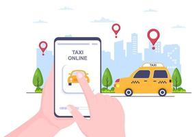 Online Taxi Booking Travel Service Flat Design Illustration via Mobile App on Smartphone Take Someone to a Destination Suitable for Background, Poster or Banner vector