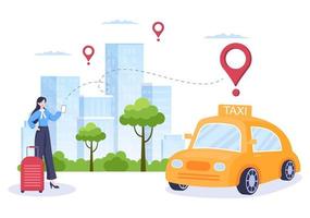 Online Taxi Booking Travel Service Flat Design Illustration via Mobile App on Smartphone Take Someone to a Destination Suitable for Background, Poster or Banner vector