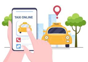 servicio de viaje de reserva de taxi en línea ilustración de diseño plano a través de la aplicación móvil en el teléfono inteligente llevar a alguien a un destino adecuado para el fondo, póster o pancarta vector