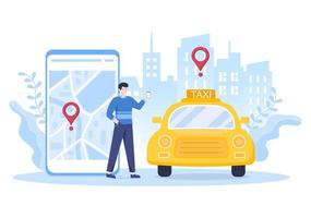 servicio de viaje de reserva de taxi en línea ilustración de diseño plano a través de la aplicación móvil en el teléfono inteligente llevar a alguien a un destino adecuado para el fondo, póster o pancarta vector