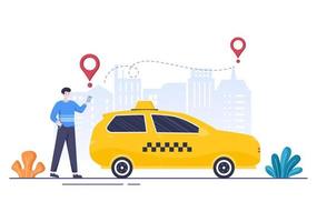 servicio de viaje de reserva de taxi en línea ilustración de diseño plano a través de la aplicación móvil en el teléfono inteligente llevar a alguien a un destino adecuado para el fondo, póster o pancarta vector