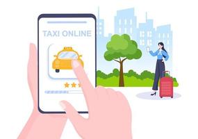 Online Taxi Booking Travel Service Flat Design Illustration via Mobile App on Smartphone Take Someone to a Destination Suitable for Background, Poster or Banner vector