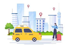 servicio de viaje de reserva de taxi en línea ilustración de diseño plano a través de la aplicación móvil en el teléfono inteligente llevar a alguien a un destino adecuado para el fondo, póster o pancarta vector