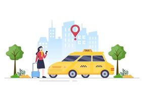 servicio de viaje de reserva de taxi en línea ilustración de diseño plano a través de la aplicación móvil en el teléfono inteligente llevar a alguien a un destino adecuado para el fondo, póster o pancarta vector