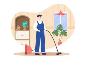 Cleaning Service flat Design Illustration. People Vacuum, Wipe the Dust and Sweeping Floor in the House for Background, Banner or Poster vector