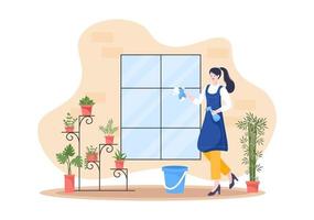 Cleaning Service flat Design Illustration. People Vacuum, Wipe the Dust and Sweeping Floor in the House for Background, Banner or Poster vector