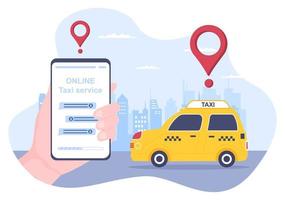 servicio de viaje de reserva de taxi en línea ilustración de diseño plano a través de la aplicación móvil en el teléfono inteligente llevar a alguien a un destino adecuado para el fondo, póster o pancarta vector