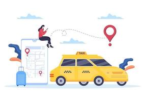 servicio de viaje de reserva de taxi en línea ilustración de diseño plano a través de la aplicación móvil en el teléfono inteligente llevar a alguien a un destino adecuado para el fondo, póster o pancarta vector