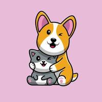 lindo, corgi, perro, abrazar, gato vector