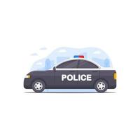 Ilustración de vector de coche de policía decorado con elementos de ilustración de escena de la ciudad como fondo en el tema de la policía en patrulla en la ciudad