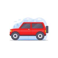 Ilustración de vector de coche diseñado en rojo y decorado con elementos de ilustración de paisaje de la ciudad como fondo de objeto de ilustración de coche de aventura