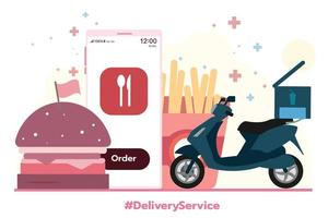 Online food order infographic. Fast delivery by motorcycle on mobile. E-commerce concept. App design. vector