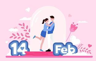 lovely young joyful couple hug on pink paper abstract background with pink flowers, hearts, and sky view design for valentines day festival vector illustration style paper craft.