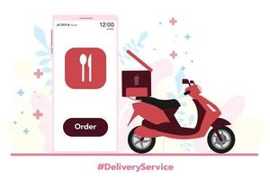 Online food order infographic. fast delivery by motorcycle on mobile. E-commerce concept.
