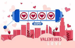 Heart on screen slot machines Online slot game illustrations, valentine concept, abstract background with coin heart and red city view design for valentine's day festival .Vector illustration.paper