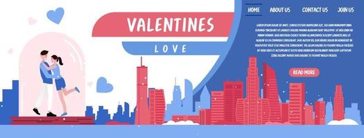 lovely young joyful couple hug on red and blue paper abstract background with blue hearts, and city view design for valentines day festival vector illustration style website banner.