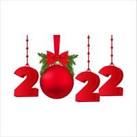 2022 feliz año nuevo. feliz año nuevo con una bola de navidad y una cinta roja. 3d, 2022 feliz año nuevo. navidad 2022. diseño rojo feliz año nuevo con hojas de pino y efecto numérico. vector