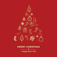 Diseño de tarjeta de felicitación de Navidad con árbol de Navidad. tarjeta de navidad con adornos dorados. caja de regalo. Banner de redes sociales con el pino, bastón de caramelo, calcetín sobre un fondo rojo. banner de navidad, tarjeta de navidad