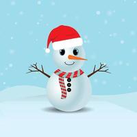 muñeco de nieve navideño con un pañuelo rojo. Fondo de nieve cayendo. muñeco de nieve con ojos lindos y un sombrero de santa. vector