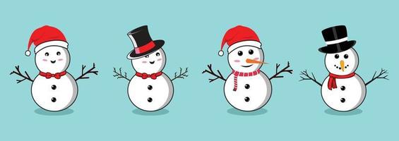 Christmas snowman set with smiling faces and hats. Flat snowman collection on a blue background. Christmas snowman flat design with tree branches, buttons, bow tie, neck scarf, and carrot noses. vector