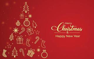 Merry Christmas gift card with golden elements. Christmas tree with golden ornaments. Tree elements. Social media banner with golden tree elements on a red background. Xmas banner. vector