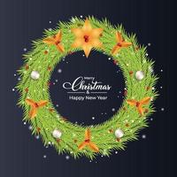 Christmas wreath design with white decorative light balls. Green color wreath design with golden leaves and a star. Christmas wreath design with white calligraphy and dark color background. vector