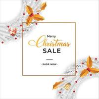 Diseño de banner de venta de Navidad con bolas decorativas de color rojo y dorado. Diseño de volante de venta navideña con hojas doradas y coronas de color blanco. Diseño de fondo blanco navideño con caligrafía. vector