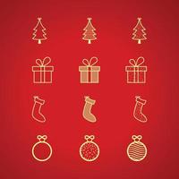 Christmas element collection on red background. Christmas golden ball, sock, golden gift golden tree. Christmas golden elements icon on a red background. Xmas banner or card elements design. vector