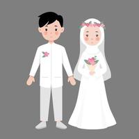 cute muslim wedding in white suit and dress vector