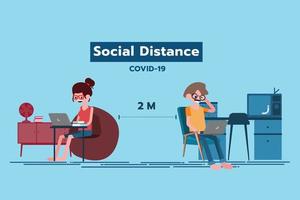 A Boy and girl started social distance with working at home a both.Many people leave spacing to prevent Covid-19. graphic resources about social distance. vector