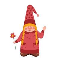 Gnome woman with flower. Illustration for printing, backgrounds, covers, packaging, greeting cards, posters, stickers, textile, seasonal design. Isolated on white background. vector