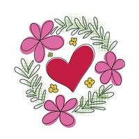 A wreath of flowers and a heart on white background. Illustration for printing, backgrounds, wallpapers, covers, packaging, greeting cards, posters, stickers, textile and seasonal design. vector