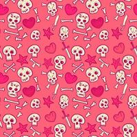 pattern with skulls and hearts, bones and daggers, vector seamless background, cartoon style