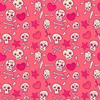 pattern with skulls and hearts, bones and daggers, vector seamless background, cartoon style