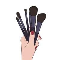 Makeup brushes in hand on white background. Illustration for printing, backgrounds, wallpapers, covers, packaging, greeting cards, posters, stickers, textile and seasonal design. vector