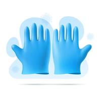 Blue rubber sterile medical, surgical gloves. 3D vector template on background of abstract shapes and virus. Personal protective equipment and prevention of disease, infection, bacteria