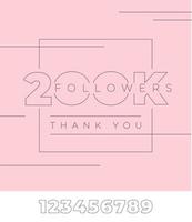 200K followers, thank you. Typography on pink isolated background. Editable template with all numbers for social media banner. Minimalist design with thin lines for bloggers. Vector illustration.
