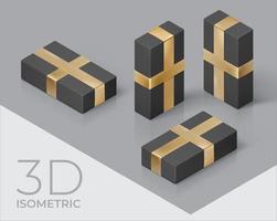 3D isometric illustration with black gift box and gold ribbon on isolated background. Vector template for Christmas holiday, shop, banner, postcard, flyer, advertisement, invitation, decor.