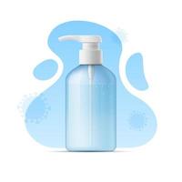 Disinfectant hand sanitizer, antibacterial alcohol gel bottle. Vector 3d illustration liquid soap dispenser on background of abstract shapes. Hand hygiene product. Prevention of pandemic, virus